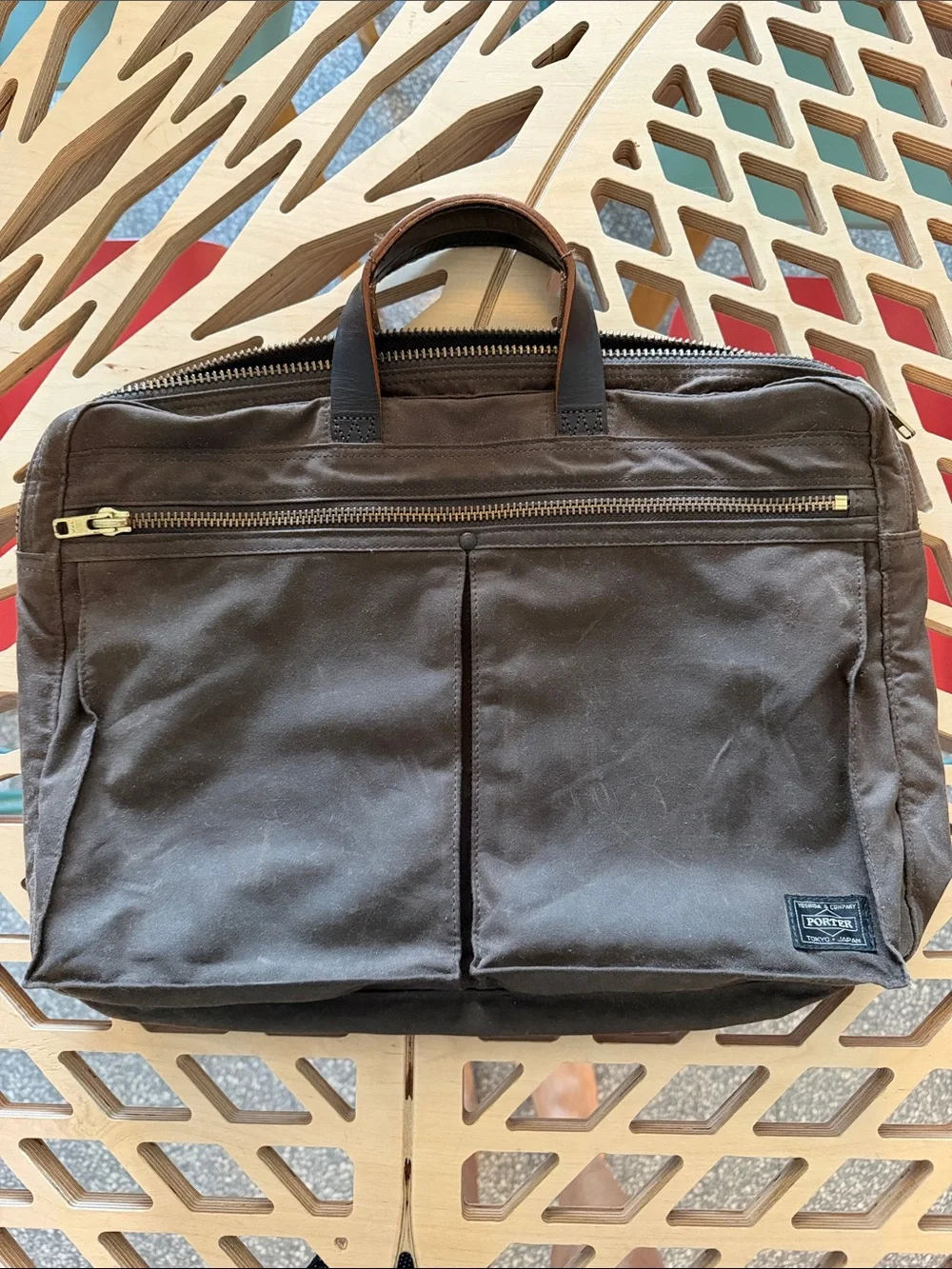 Men's Dark Brown Canvas Laptop Bag with Front Zip and Dual Handles